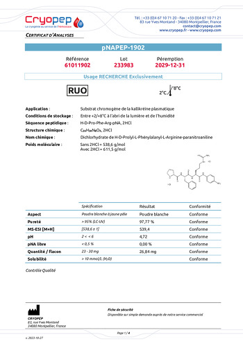 Certificat d'analyses pNAPEP-1902 Substrat Chromogène de la kallikréine plasmatique